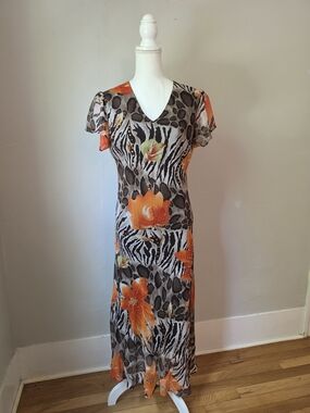 Vintage V-Neck Maxi Dress in Orange and Black Animal Floral Print